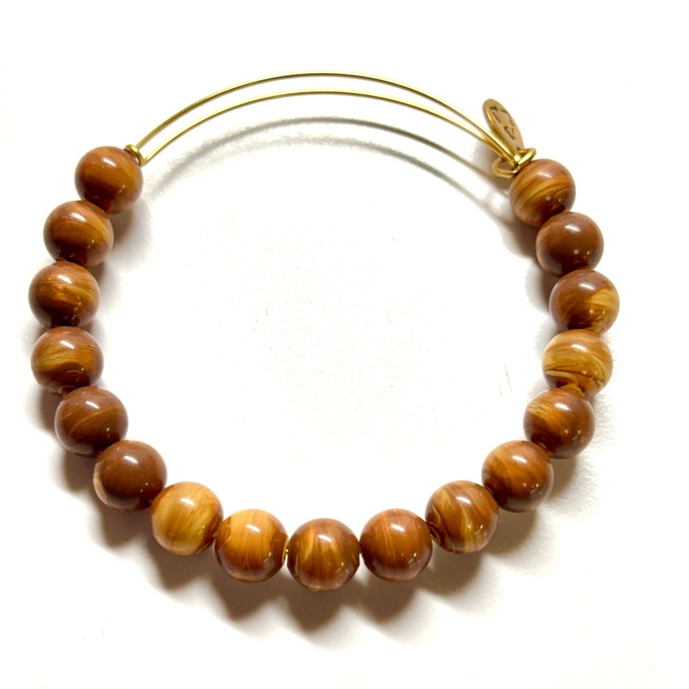 ALEX AND ANI WOOD BEADING Gold-Tone Brown Beaded EXPANDABLE Bracelet retired
